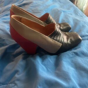 John Fluevog Black and White Heels with Vintage Design